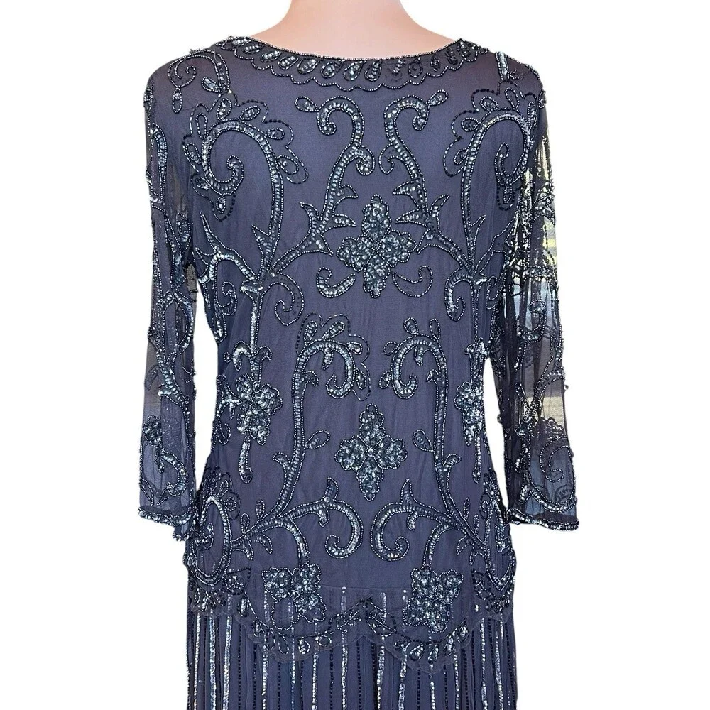 Pisarro Nights Heavily Beaded Mesh Maxi Dress SZ 14 Gatsby Formal Evening Gown